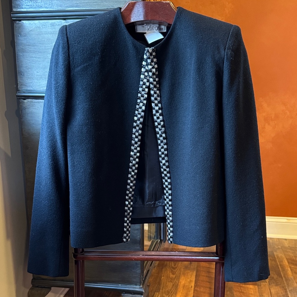 Cropped Black Women's Blazer with Beaded Checkered Trim